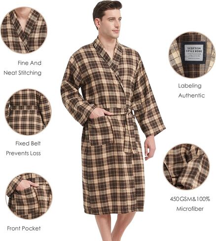Men's Robe-Polyester Flannel Ultra-Lightweight Bathrobe for Unisex,Scottish Plaid Style Shawl Collar Bathrobe in Kuwait
