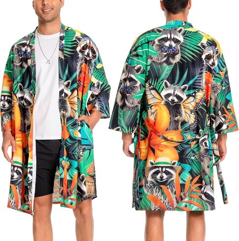 OLAOLA Men Lightweight Kimono Robe with Belt Japanese Style Robe Jacket Casual Open Front Long Cardigan Cape Coat Outwear in Kuwait
