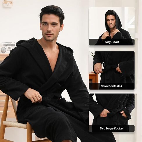 Mens Hooded Absorbent Terry Cloth Robe All Season Knee Length Design Kimono Spa Bathrobe in Kuwait