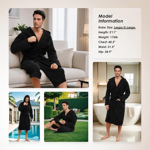 Mens Hooded Absorbent Terry Cloth Robe All Season Knee Length Design Kimono Spa Bathrobe in Kuwait