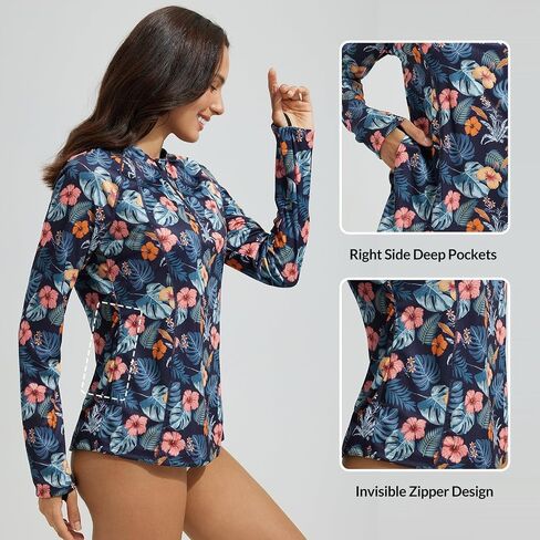 baleaf Women's 1/4 Zip Rash Guard Swim Shirts with Zipper Pocket UPF 50+ Long Sleeve Sun Protection Swimsuit Tops in Kuwait