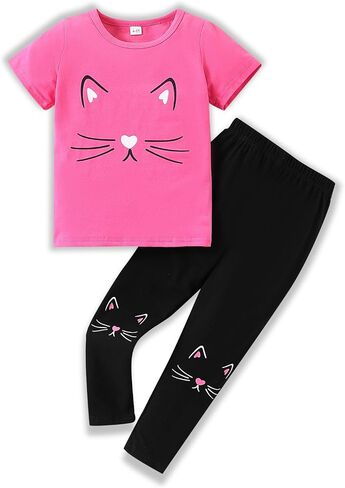 4-8T Toddler Girl Clothes Cat face print Short Sleeve Top+Pants Outfits Girl Spring and summer 2-Piece Set in Kuwait