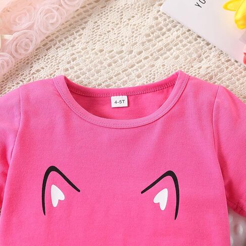 4-8T Toddler Girl Clothes Cat face print Short Sleeve Top+Pants Outfits Girl Spring and summer 2-Piece Set in Kuwait