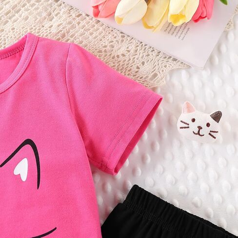 4-8T Toddler Girl Clothes Cat face print Short Sleeve Top+Pants Outfits Girl Spring and summer 2-Piece Set in Kuwait
