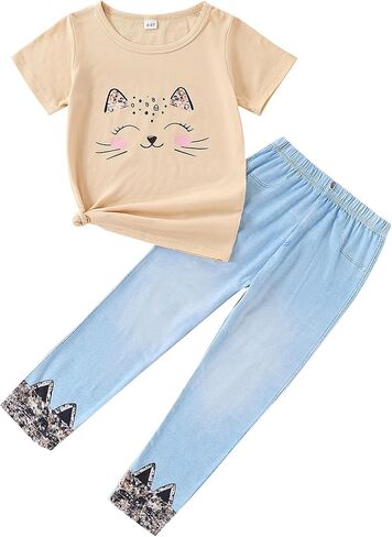 4-8T Toddler Girl Clothes Cat face print Short Sleeve Top+Pants Outfits Girl Spring and summer 2-Piece Set in Kuwait