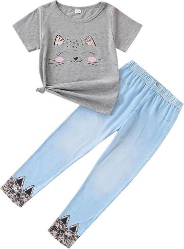 4-8T طفل فتاة الملابس فتاة القطة الوجه طباعة الأكمام قصيرة أعلى+السراويل ملابس الفتاة الربيع والصيف 2 قطعة مجموعة in Kuwait