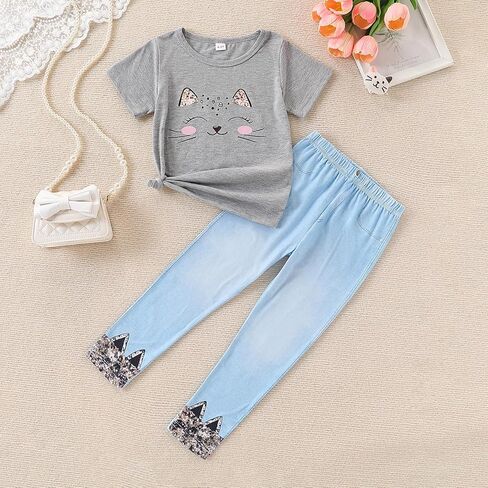 4-8T طفل فتاة الملابس فتاة القطة الوجه طباعة الأكمام قصيرة أعلى+السراويل ملابس الفتاة الربيع والصيف 2 قطعة مجموعة in Kuwait
