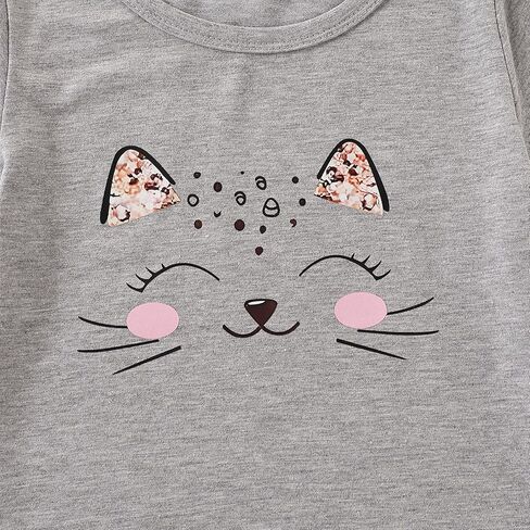 4-8T طفل فتاة الملابس فتاة القطة الوجه طباعة الأكمام قصيرة أعلى+السراويل ملابس الفتاة الربيع والصيف 2 قطعة مجموعة in Kuwait