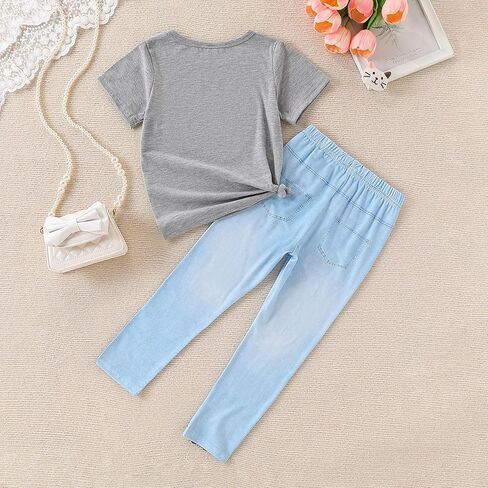 4-8T طفل فتاة الملابس فتاة القطة الوجه طباعة الأكمام قصيرة أعلى+السراويل ملابس الفتاة الربيع والصيف 2 قطعة مجموعة in Kuwait