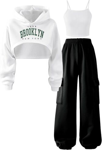 WDIRARA Girl's 3 Piece Outfits Letter Graphic Hoodie Crop Cami Top Cargo Pants Set in Kuwait