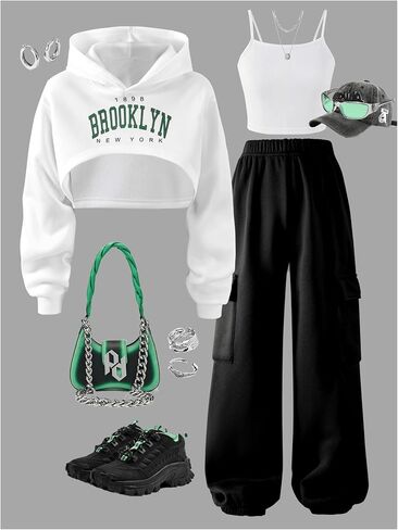 WDIRARA Girl's 3 Piece Outfits Letter Graphic Hoodie Crop Cami Top Cargo Pants Set in Kuwait