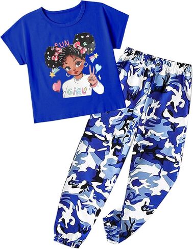 mksodop Girls Clothes 2Piece,Teen Girls clothes Fashion Printed T-Shirt and Camouflage Pants Girls Outfits Set in Saudi Arabia