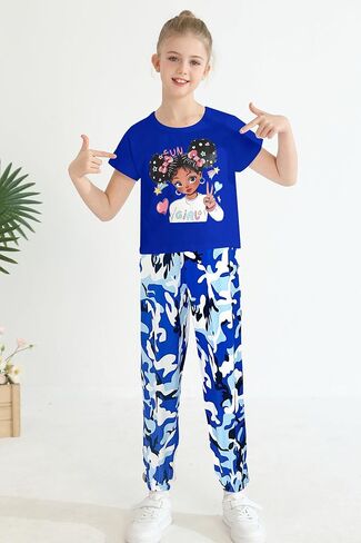 mksodop Girls Clothes 2Piece,Teen Girls clothes Fashion Printed T-Shirt and Camouflage Pants Girls Outfits Set in Saudi Arabia