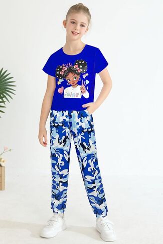 mksodop Girls Clothes 2Piece,Teen Girls clothes Fashion Printed T-Shirt and Camouflage Pants Girls Outfits Set in Saudi Arabia