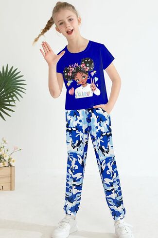mksodop Girls Clothes 2Piece,Teen Girls clothes Fashion Printed T-Shirt and Camouflage Pants Girls Outfits Set in Saudi Arabia