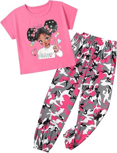 mksodop Girls Clothes 2Piece,Teen Girls clothes Fashion Printed T-Shirt and Camouflage Pants Girls Outfits Set in Saudi Arabia