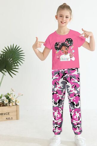 mksodop Girls Clothes 2Piece,Teen Girls clothes Fashion Printed T-Shirt and Camouflage Pants Girls Outfits Set in Saudi Arabia