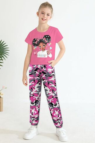 mksodop Girls Clothes 2Piece,Teen Girls clothes Fashion Printed T-Shirt and Camouflage Pants Girls Outfits Set in Saudi Arabia
