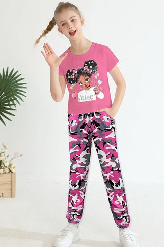 mksodop Girls Clothes 2Piece,Teen Girls clothes Fashion Printed T-Shirt and Camouflage Pants Girls Outfits Set in Saudi Arabia