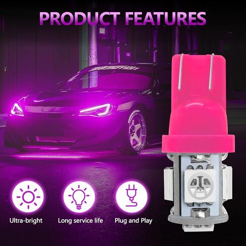 10PCS 194 LED Light Bulb, 6000K T10 168 W5W 2825 5SMD 5050 Chips LED Replacement Bulbs, 12V Wedge LED Light Bulb for Car Dome Interior Map Door Courtesy License Plate Lights (Pink Purple) in Saudi Arabia