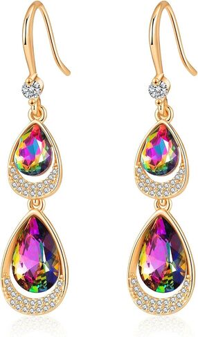 Austrian Crystal Halo Double Teardrop Hollow Drop Dangle Earrings for Women 14K Rose Gold Plated Hypoallergenic Jewelry in Saudi Arabia