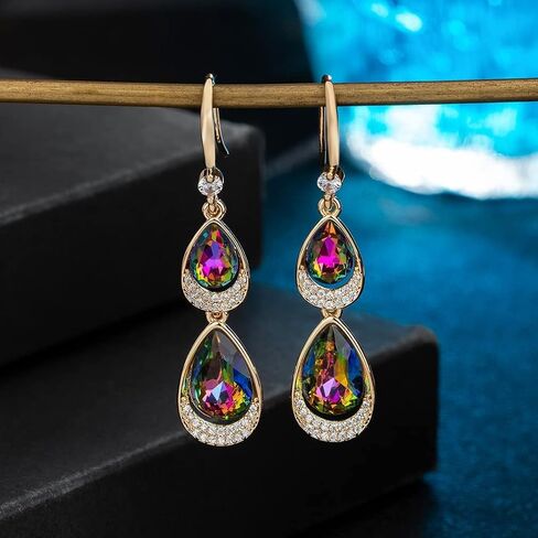 Austrian Crystal Halo Double Teardrop Hollow Drop Dangle Earrings for Women 14K Rose Gold Plated Hypoallergenic Jewelry in Saudi Arabia