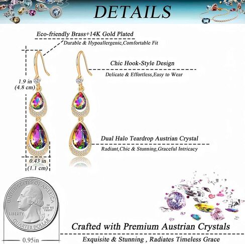 Austrian Crystal Halo Double Teardrop Hollow Drop Dangle Earrings for Women 14K Rose Gold Plated Hypoallergenic Jewelry in Saudi Arabia