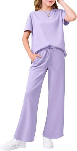 Haloumoning Girls 2 Piece Outfits Kids Fashion Short Sleeve T Shirts Wide Leg Pants Clothing Sets 5-14 Years in Saudi Arabia