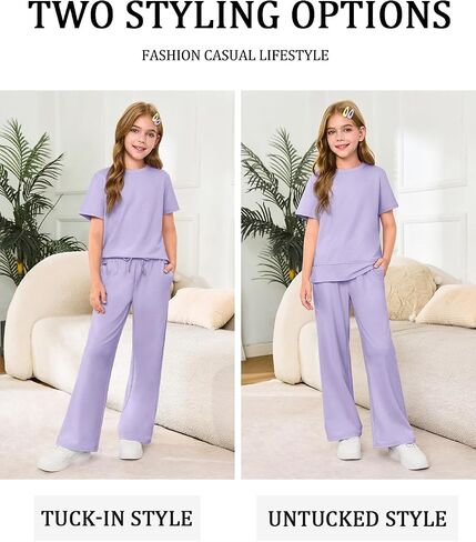 Haloumoning Girls 2 Piece Outfits Kids Fashion Short Sleeve T Shirts Wide Leg Pants Clothing Sets 5-14 Years in Saudi Arabia