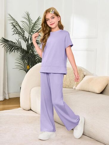 Haloumoning Girls 2 Piece Outfits Kids Fashion Short Sleeve T Shirts Wide Leg Pants Clothing Sets 5-14 Years in Saudi Arabia