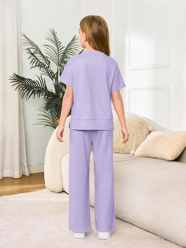 Haloumoning Girls 2 Piece Outfits Kids Fashion Short Sleeve T Shirts Wide Leg Pants Clothing Sets 5-14 Years in Saudi Arabia
