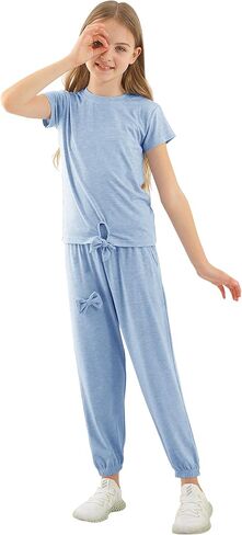 Girls pant Sets Stylish 2 Piece Outfits Short Sleeve Sweatshirt and Jogger Pants with Pockets for Kids in Kuwait