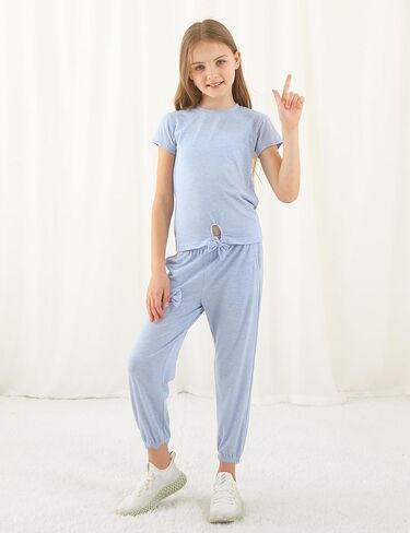 Girls pant Sets Stylish 2 Piece Outfits Short Sleeve Sweatshirt and Jogger Pants with Pockets for Kids in Kuwait