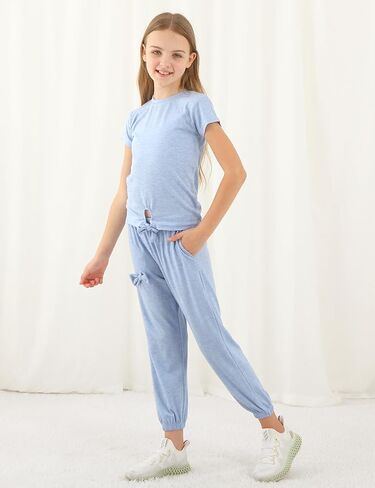 Girls pant Sets Stylish 2 Piece Outfits Short Sleeve Sweatshirt and Jogger Pants with Pockets for Kids in Kuwait