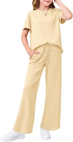 Haloumoning Girls 2 Piece Outfits Kids Fashion Short Sleeve T Shirts Wide Leg Pants Clothing Sets 5-14 Years in Kuwait
