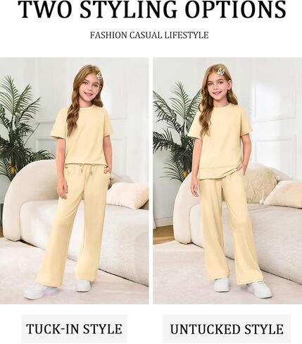 Haloumoning Girls 2 Piece Outfits Kids Fashion Short Sleeve T Shirts Wide Leg Pants Clothing Sets 5-14 Years in Kuwait