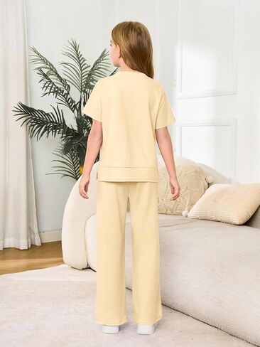 Haloumoning Girls 2 Piece Outfits Kids Fashion Short Sleeve T Shirts Wide Leg Pants Clothing Sets 5-14 Years in Kuwait