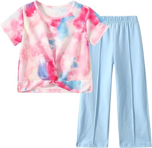 Girls Clothing Set 2 Piece Outfits Tie Dye Twist Front Crop Tops and Wide Leg Pants for Casual,Dance,Sport in Saudi Arabia