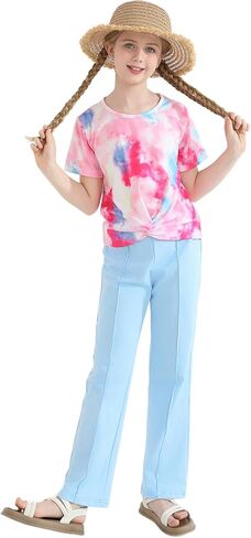 Girls Clothing Set 2 Piece Outfits Tie Dye Twist Front Crop Tops and Wide Leg Pants for Casual,Dance,Sport in Saudi Arabia