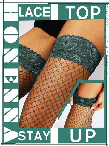 HONENNA Fishnet Thigh High Stockings, 20+ Colors Silicone Lace Top Stay Up Nylons Tights for Woman, Size A-D in Saudi Arabia