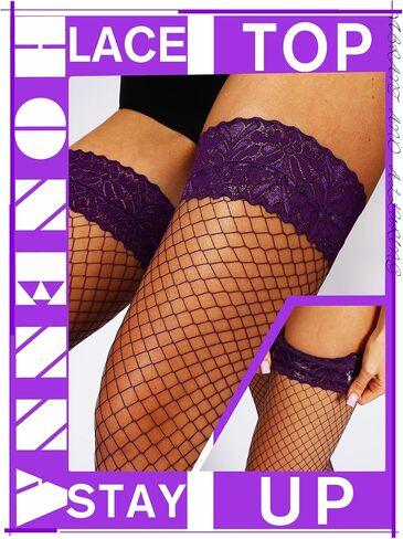 HONENNA Fishnet Thigh High Stockings, 20+ Colors Silicone Lace Top Stay Up Nylons Tights for Woman, Size A-D in Saudi Arabia