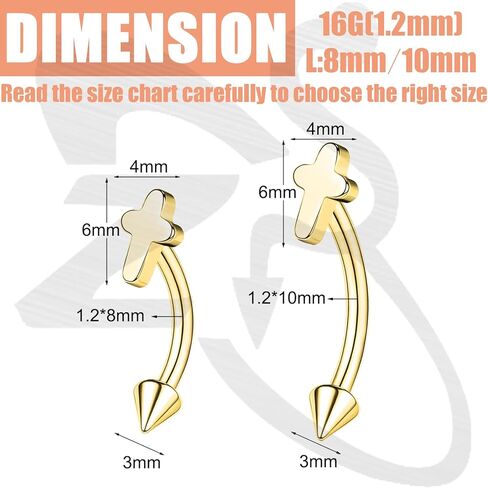 ZS 2 Pairs Stainless Steel Eyebrow Rings, 16G Curved Belly Rings Navel Barbell Helix Daith Tragus Earrings, 8/10mm Spike Vertical Labret Lip Piercing Jewelry in Kuwait