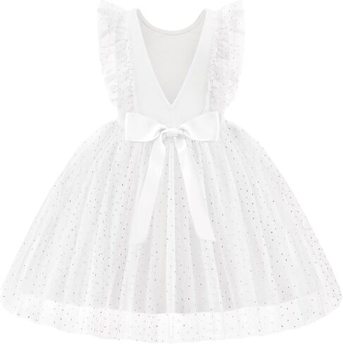 Arshiner Toddler Dress Summer Ruffle Sleeve V-Back Tie Waist Flower Girl Dresses Wedding Tulle Outfit 2-8Y in Kuwait