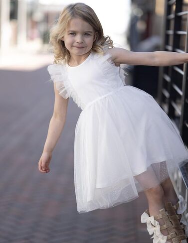 Arshiner Toddler Dress Summer Ruffle Sleeve V-Back Tie Waist Flower Girl Dresses Wedding Tulle Outfit 2-8Y in Kuwait