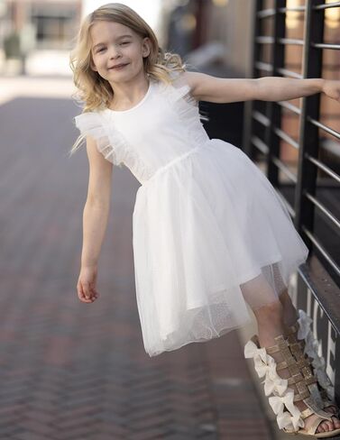 Arshiner Toddler Dress Summer Ruffle Sleeve V-Back Tie Waist Flower Girl Dresses Wedding Tulle Outfit 2-8Y in Kuwait