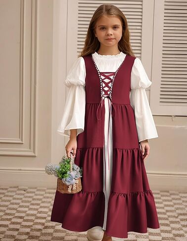 Scarlet Darkness Girls Renaissance Dress Medieval Peasant Long Sleeve Dresses in Kuwait