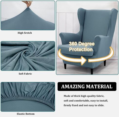 NILUOH Wingback Chair Cover 2-Piece Soft Stretch Wing Chair Slipcover Solid Color Armchair Sofa Couch Cover Furniture Protector with Elastic Bottom for Living Room Bedroom (Gray-Blue) in Kuwait