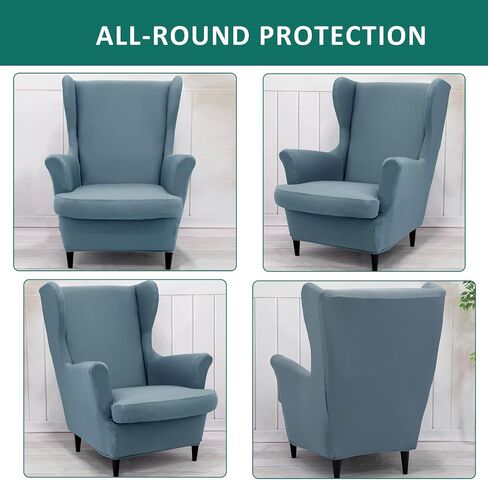 NILUOH Wingback Chair Cover 2-Piece Soft Stretch Wing Chair Slipcover Solid Color Armchair Sofa Couch Cover Furniture Protector with Elastic Bottom for Living Room Bedroom (Gray-Blue) in Kuwait