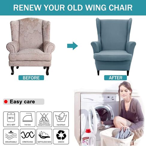 NILUOH Wingback Chair Cover 2-Piece Soft Stretch Wing Chair Slipcover Solid Color Armchair Sofa Couch Cover Furniture Protector with Elastic Bottom for Living Room Bedroom (Gray-Blue) in Kuwait