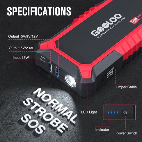 GOOLOO New GP2000 Jump Starter, 12V 2000A Car Jumper Starter(Up to 8.0L Gas, 6.0L Diesel Engines), SuperSafe Portable Battery Charger, Auto Lithium Box Booster Pack with USB Quick Charge, red in Kuwait